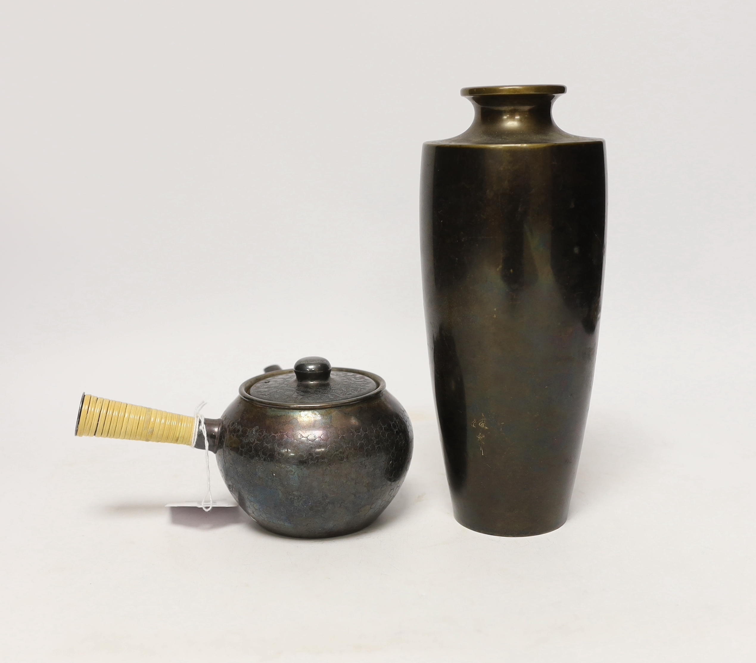 A Japanese bronze vase and a metal teapot and cover, Meiji (2)